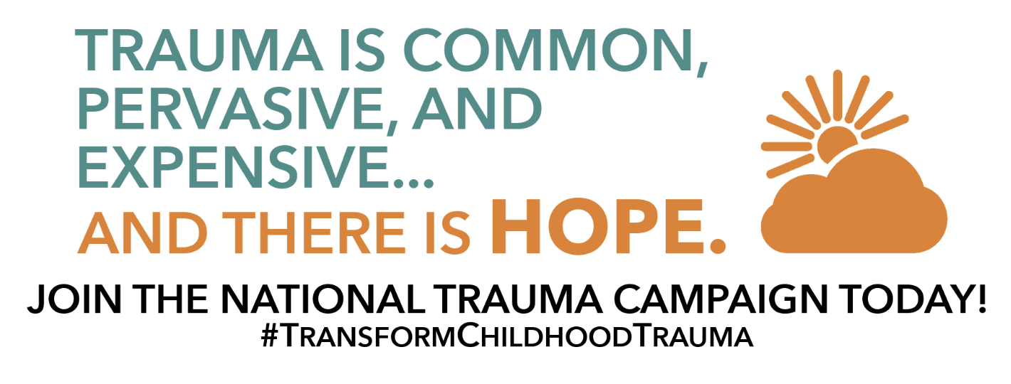 Text in the image reads: "Trauma is common, pervasive, and expensive...and there is hope. Join the National Trauma Campaign today! #TransformChildhoodTrauma." An illustration of a cloud with a rising sun is on the right.