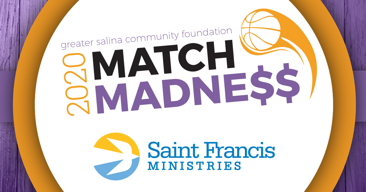 Event logo for "Match Madness 2020" organized by the Greater Salina Community Foundation and sponsored by Saint Francis Ministries. The design includes a basketball in motion and features purple, black, and orange colors.