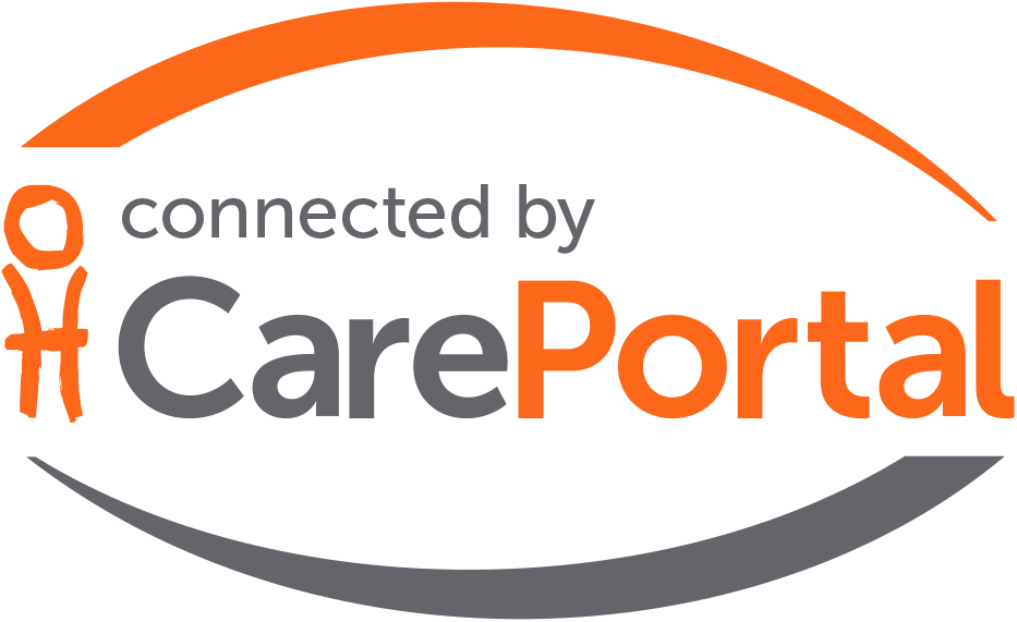 The image shows the CarePortal logo with the text "connected by CarePortal" in a mix of black and orange fonts. The logo features a simplistic human figure symbol and is encircled by an orange and grey arc.