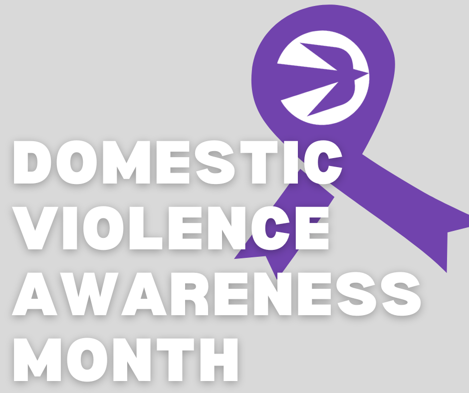 An image with a grey background, featuring a purple ribbon with a white silhouette of a bird. The text "DOMESTIC VIOLENCE AWARENESS MONTH" is written in bold white letters to the left of the ribbon.
