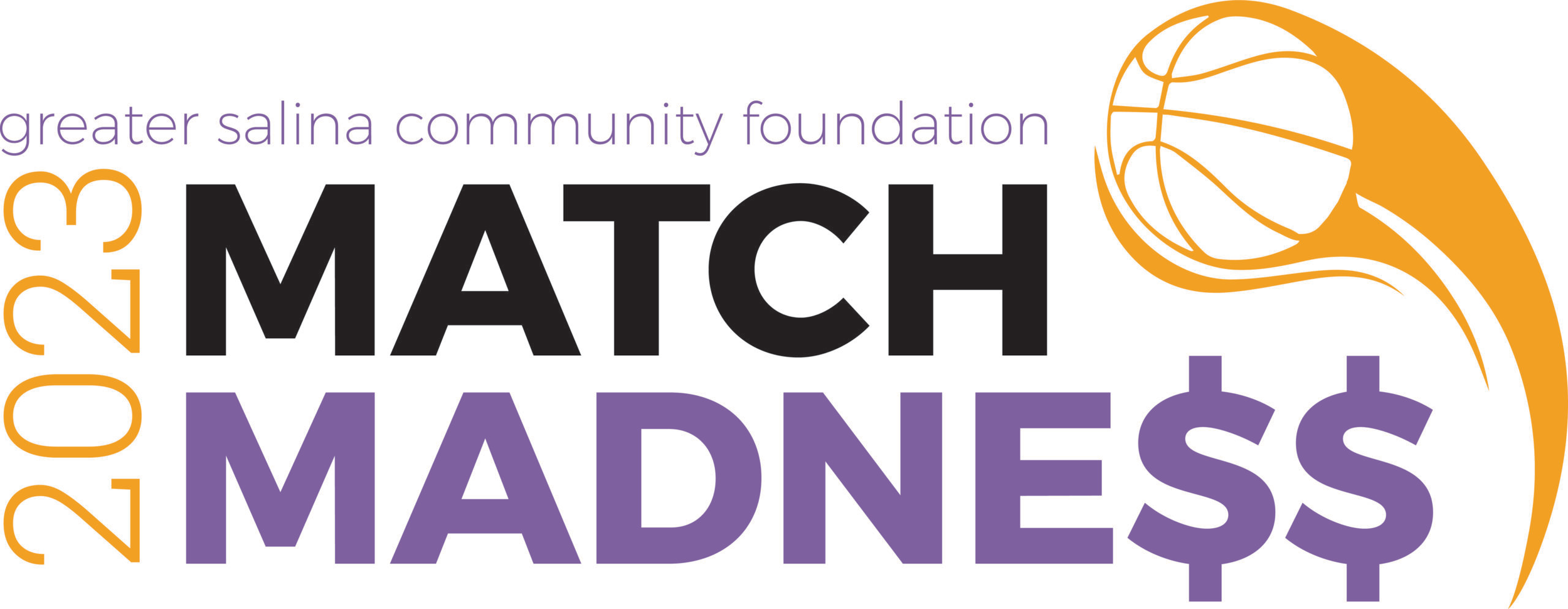 A logo for the Greater Salina Community Foundation's 2023 Match Madness event. The text "2023 Match Madness" is displayed with the word "Madness" in purple and a dollar sign replacing the letter 'S'. An orange basketball graphic is included in the design.