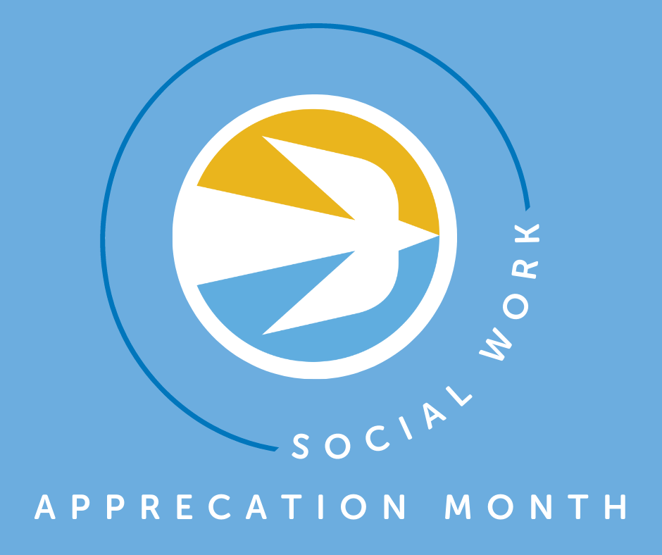 A blue circular emblem with a white bird in flight and yellow accents, surrounded by a curved line. The words "SOCIAL WORK APPRECIATION MONTH" are arranged around the emblem.