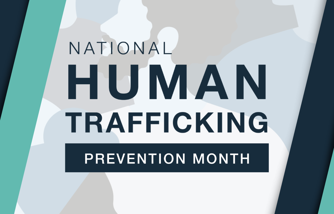 An abstract background features the text "National Human Trafficking Prevention Month" in capital letters. The design includes shades of blue, gray, and white, with diagonal teal and navy stripes on the sides.