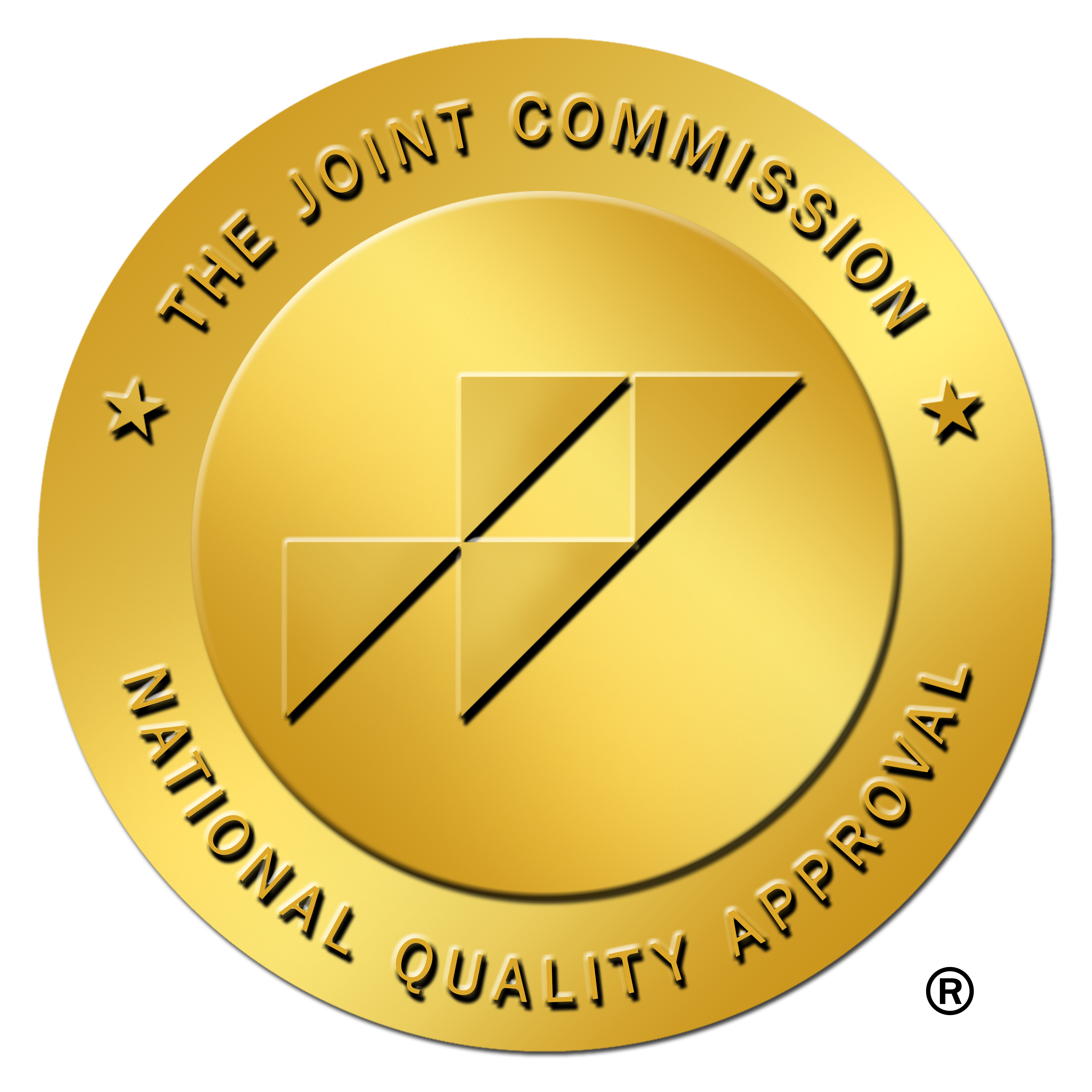 A round gold seal with the text "The Joint Commission National Quality Approval" surrounding a central logo composed of three adjacent parallelograms.