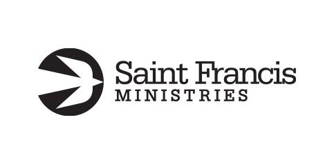 The image displays the logo for Saint Francis Ministries. The logo features a stylized bird in flight encircled to the left of the text "Saint Francis Ministries" in a clean, sans-serif font. The design is in black and white.