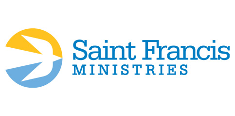 The image shows the logo of Saint Francis Ministries. It features a stylized bird in blue and yellow on the left and the text "Saint Francis MINISTRIES" on the right in blue font.