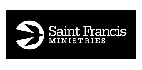 A logo featuring a white, stylized bird in a circular shape to the left of the text "Saint Francis Ministries" in white against a black background.
