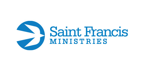 The logo for Saint Francis Ministries features a stylized blue bird to the left, with the words "Saint Francis" in bold blue font and "MINISTRIES" in smaller blue capital letters underneath.