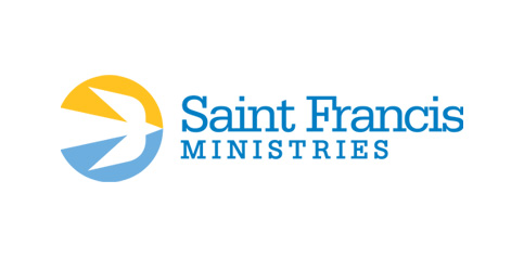 Logo of Saint Francis Ministries features a stylized bird in flight inside a yellow circle on the left, with the words "Saint Francis Ministries" in blue text to the right of the image.