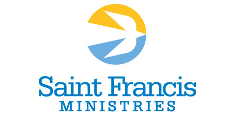 The logo for Saint Francis Ministries features a stylized bird in flight, with yellow and blue sections forming its wings against a circular background. Below the bird design, the text "Saint Francis MINISTRIES" is written in blue, with "MINISTRIES" in an uppercase font.