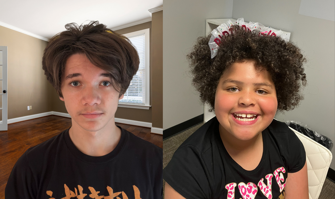 A split image shows a young man with brown hair wearing a black T-shirt on the left, and a young girl with curly hair and a white and pink headband wearing a black T-shirt with "LOVE" written on it on the right. Both are facing the camera.