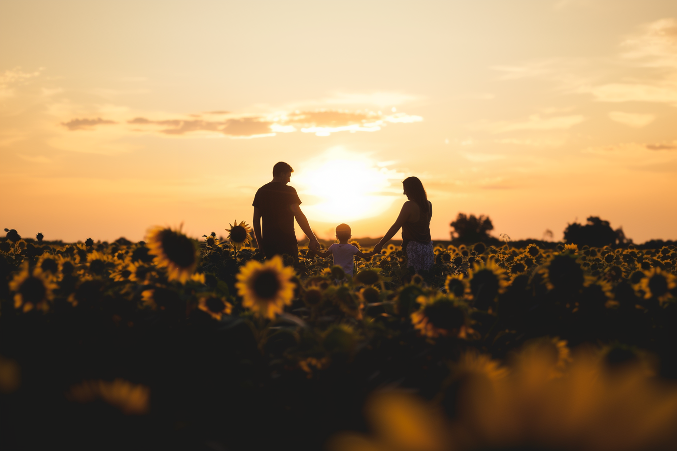 A silhouette of a family of three standing in a sunflower field at sunset. The adults are holding the hands of a child. The sun is low in the sky, casting a warm, golden light over the scene.
