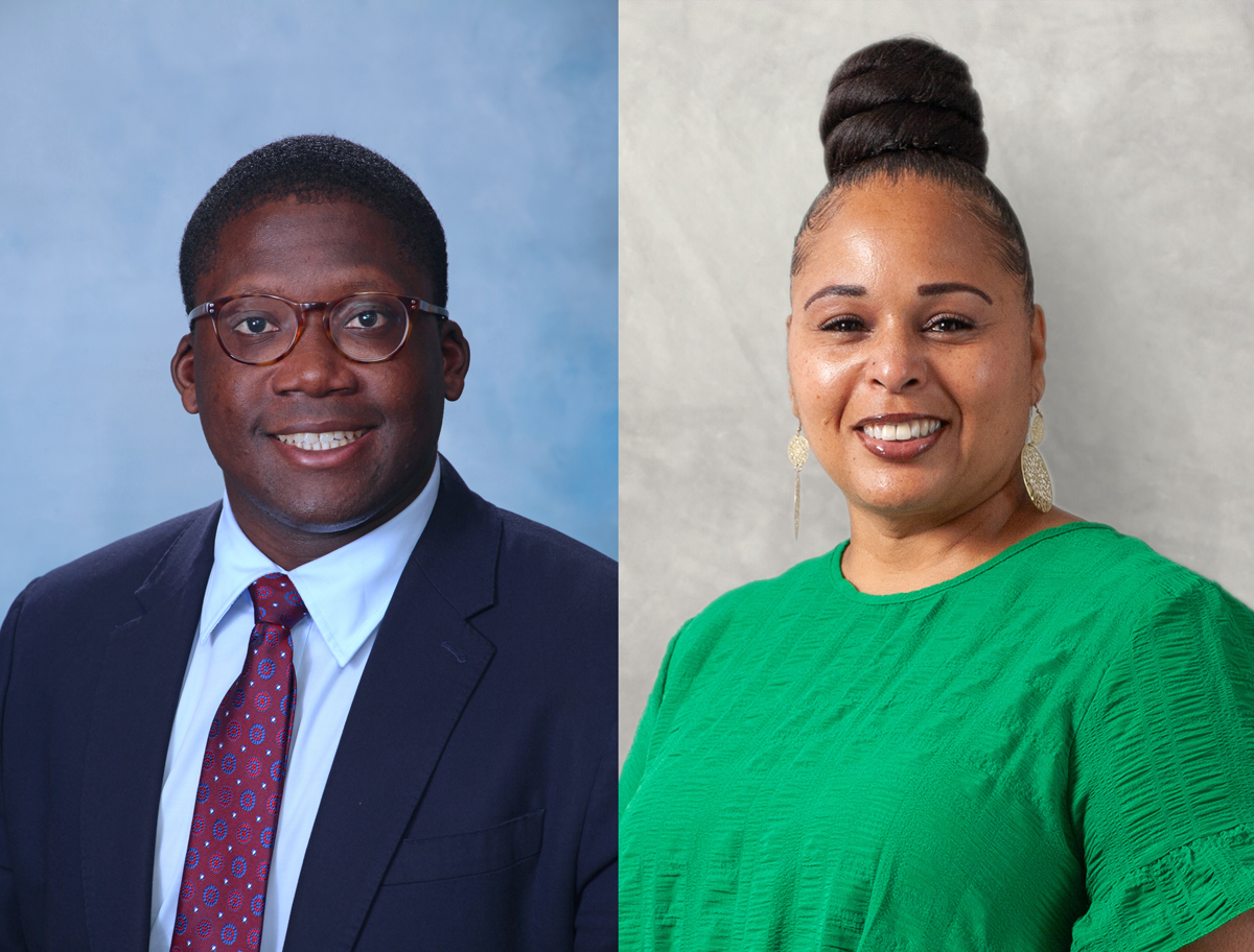 The image shows a side-by-side portrait of two people. On the left is a man wearing glasses, a dark suit, and a red tie with a blue dress shirt. On the right is a woman with her hair in a bun, wearing a green top and gold earrings, smiling against a light background.