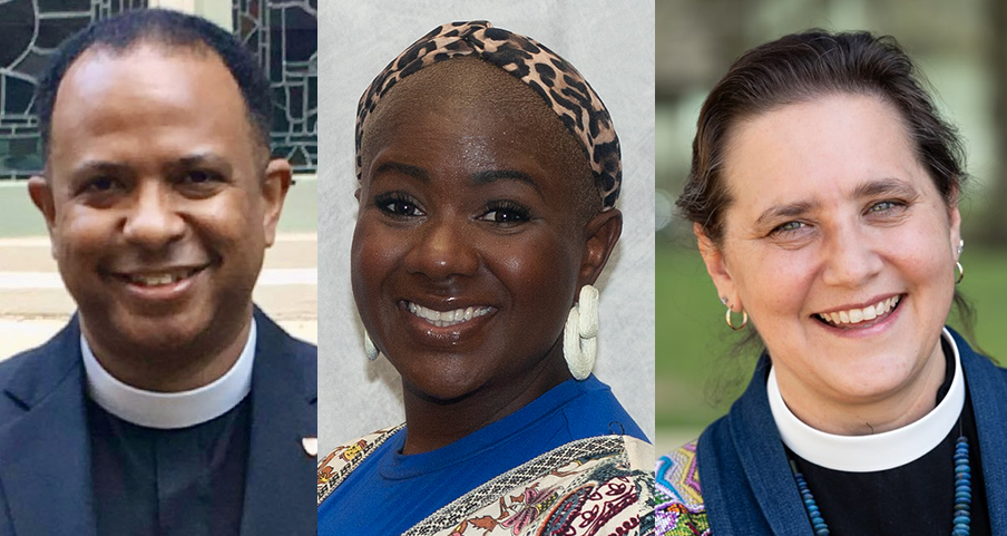 Three people are shown in a side-by-side collage. The first person on the left is wearing clerical attire and smiling. The middle person is smiling, wearing a leopard print headwrap and white earrings. The third person on the right is smiling and wearing a blue scarf.