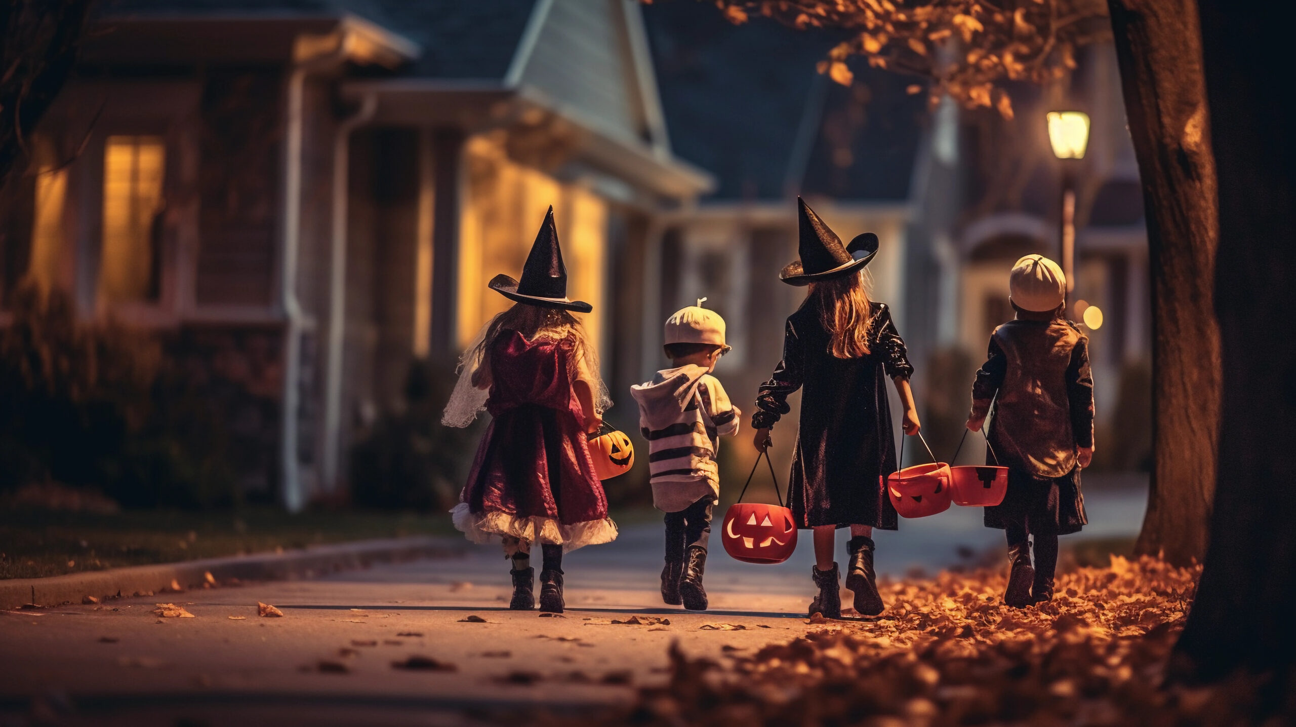 Four children in Halloween costumes walk down a leaf-covered street at night. Three are dressed as witches, carrying pumpkin-shaped buckets, and one wears a striped outfit with a beanie. Houses and streetlights are visible in the background.