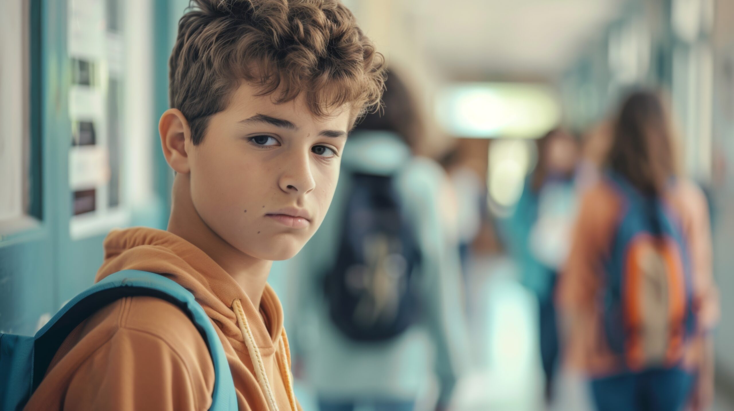 A young person with curly hair wearing a brown hoodie and a backpack stands in a hallway, looking directly at the camera. The corridor is busy with other individuals in the background, carrying backpacks.