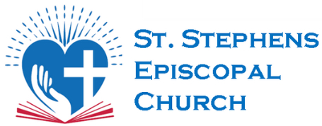 Logo of St. Stephens Episcopal Church featuring a blue heart with a cross and hands, positioned above an open red book. The church name is written in blue text to the right of the logo.