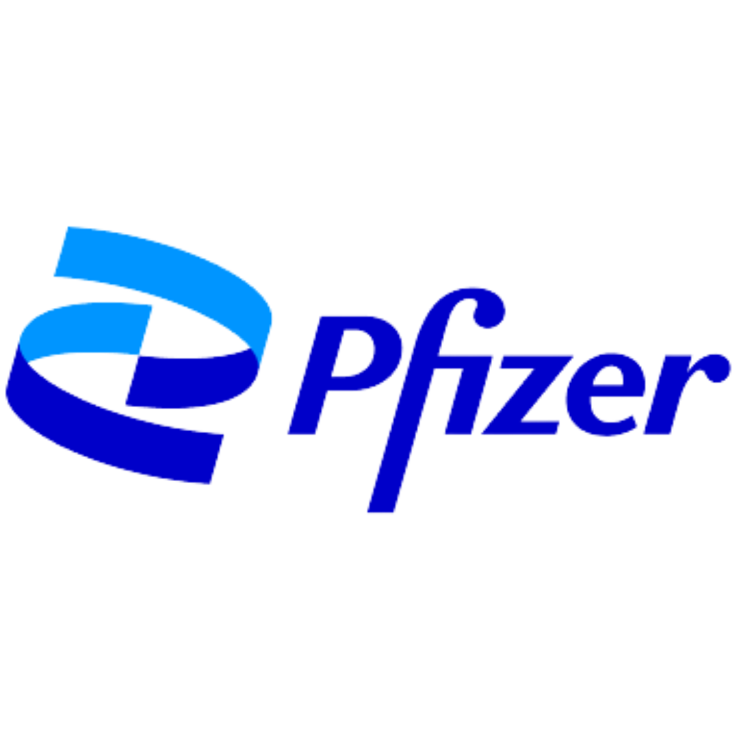 The image shows the Pfizer logo, featuring a stylized blue helix design to the left and the word "Pfizer" in blue italic font on the right.