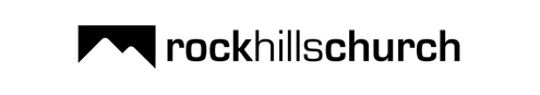 Logo of Rock Hill Church featuring stylized mountain outlines on the left and the text "rockhillchurch" on the right. The design is in black and white.