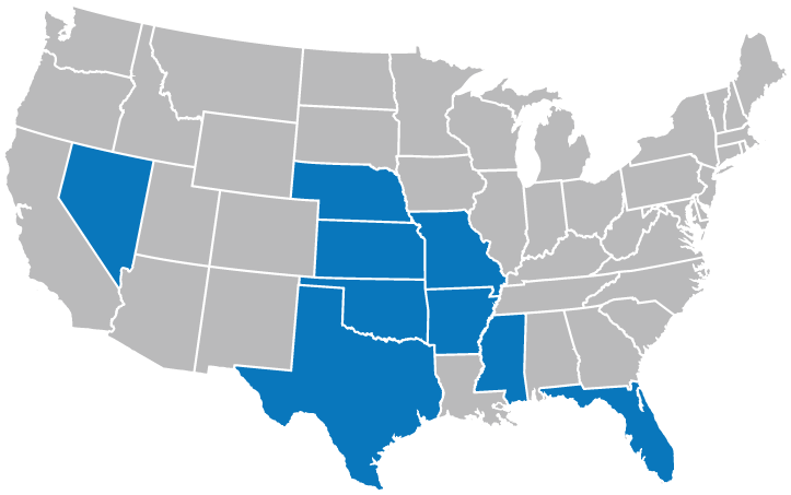 Map of the United States with several states highlighted in blue. The blue states are Nevada, Texas, Oklahoma, Missouri, Arkansas, Louisiana, New Mexico, and Kansas. Other states are shown in gray.