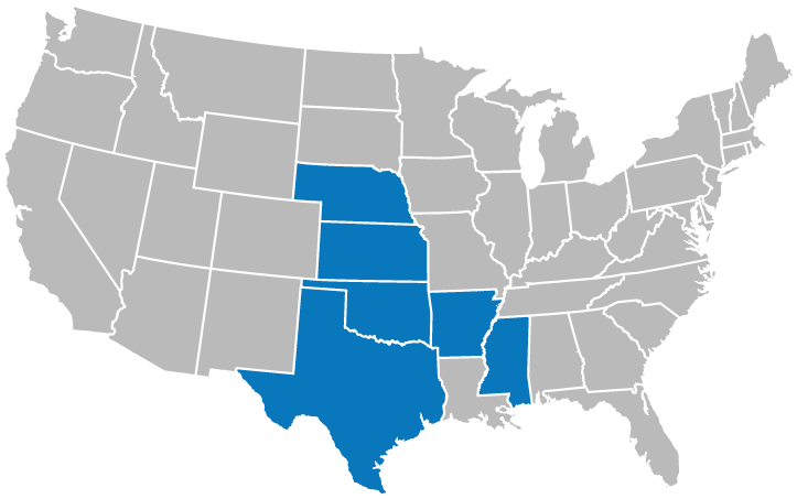Map of the United States highlighting Arkansas, Kansas, Louisiana, Missouri, Oklahoma, and Texas in blue. The rest of the states are in gray.
